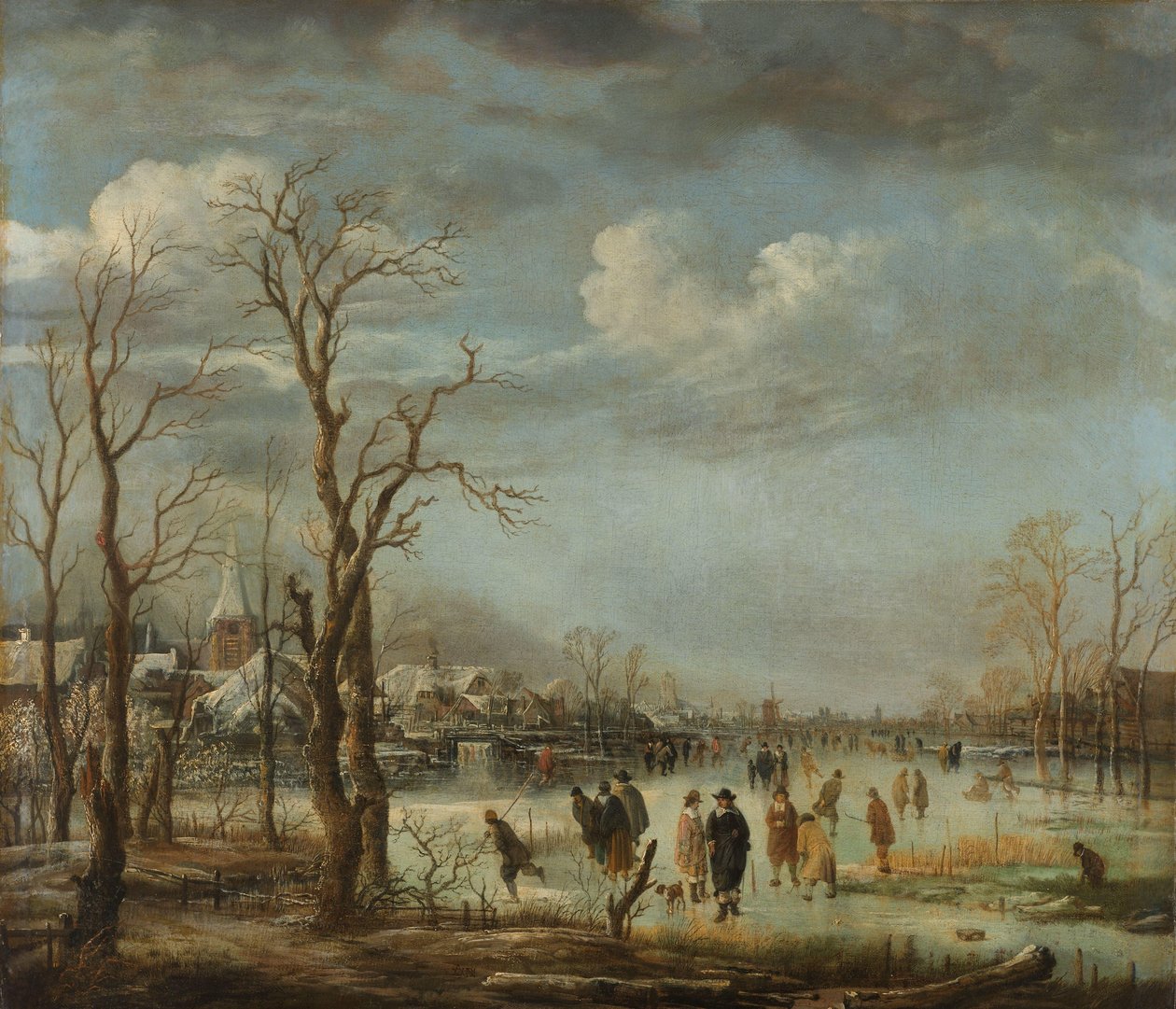 Vinterlandskap nær en by med nakne trær av Aert van der Neer