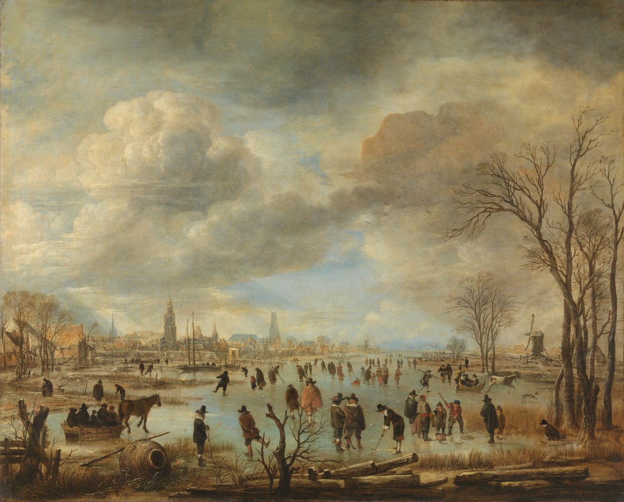 Vinterlandskap nær en by med Kolf-spillere og hestetrukne sleder av Aert van der Neer