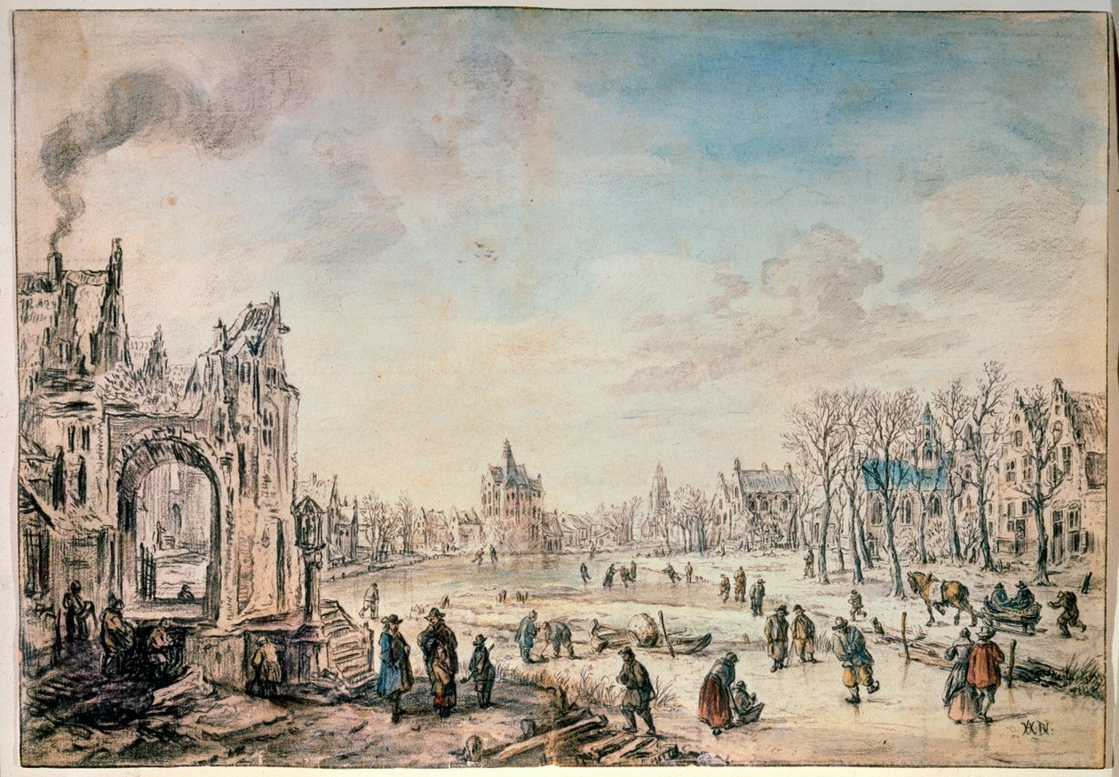 Vinterlandskap med skatere, nederlandsk maleri fra 1600-tallet av Aert van der Neer