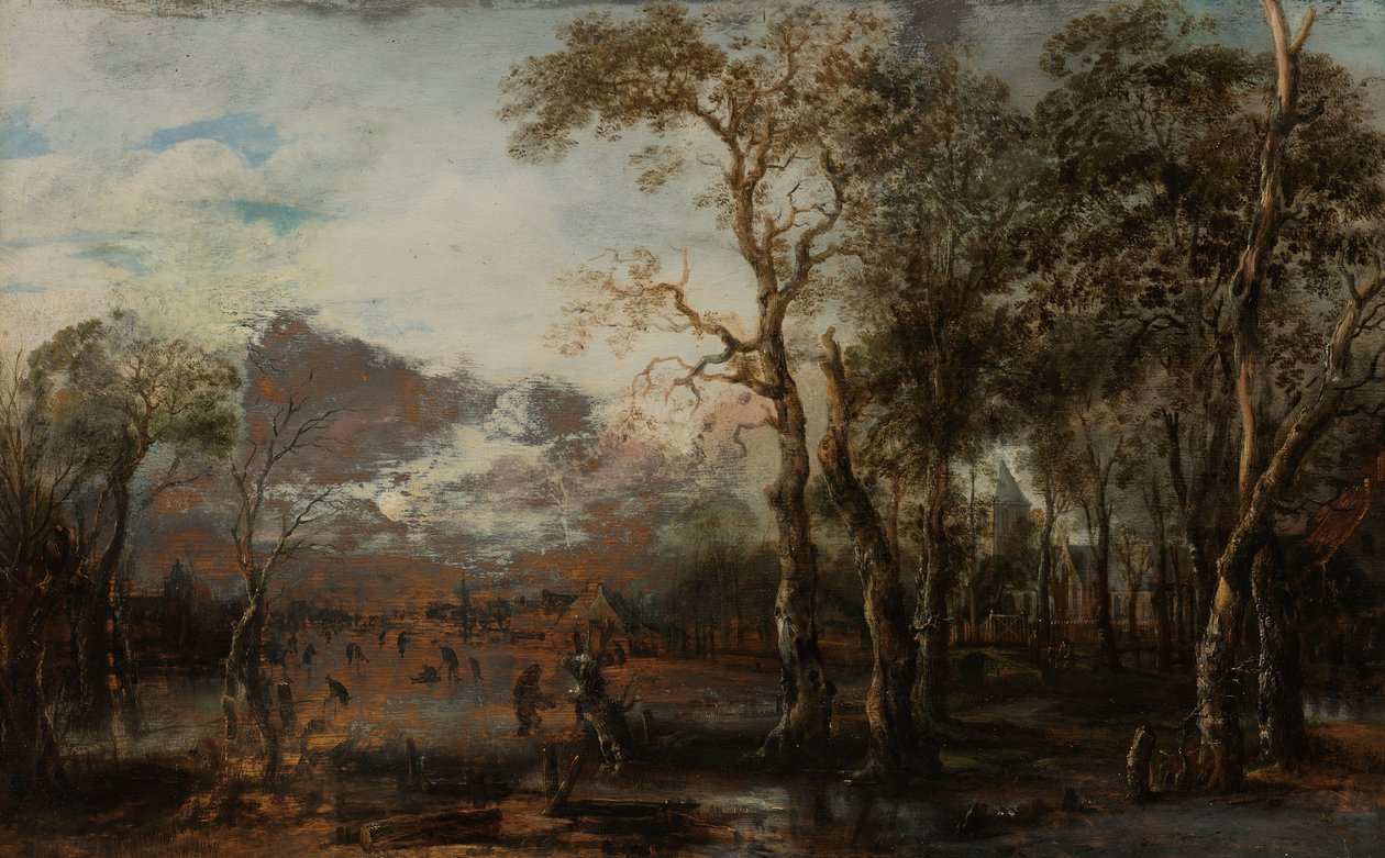 Skoglandskap med jeger/vinterlandskap av Aert van der Neer