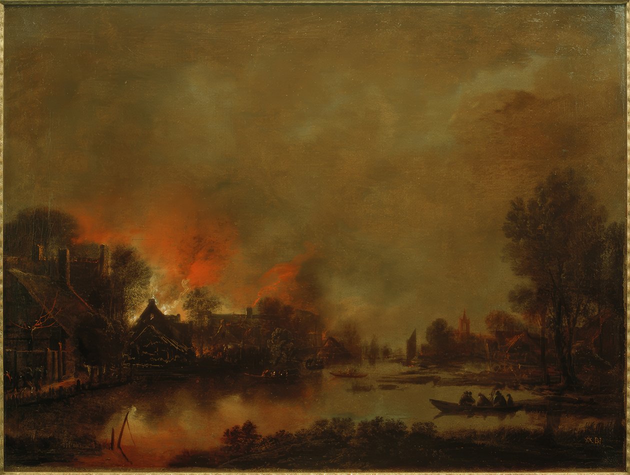 Nattlig kanallandskap med bål i en landsby av Aert van der Neer der Ältere