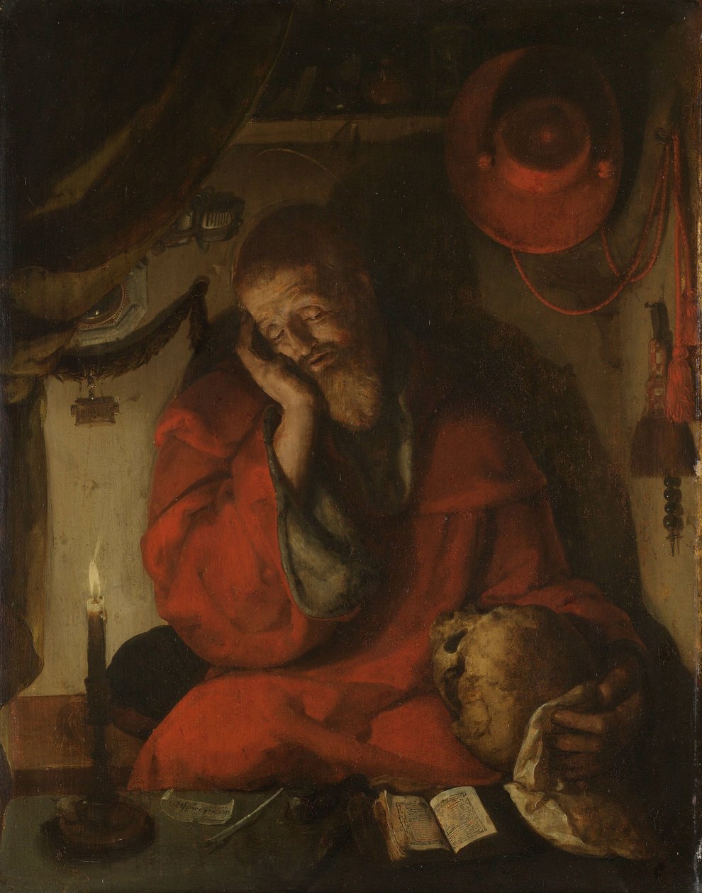 Saint Hieronymus i sin studie ved stearinlys av Aertgen Claesz van Leyden (attributed to)