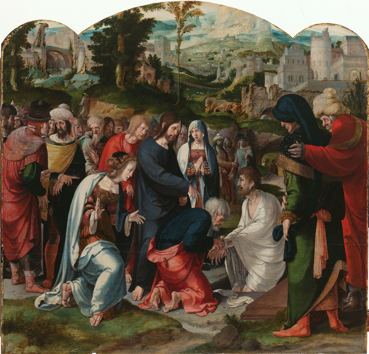 Oppreisningen av Lasarus Senterpanel av en triptyk med oppdragelsen av Lasarus av Aertgen Claesz van Leyden (attributed to)