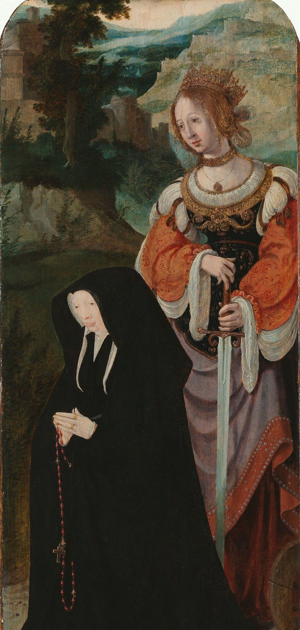Oppreisningen av Lasarus Inner høyre fløy av en triptyk med den kvinnelige giveren og St Catherine av Aertgen Claesz van Leyden (attributed to)