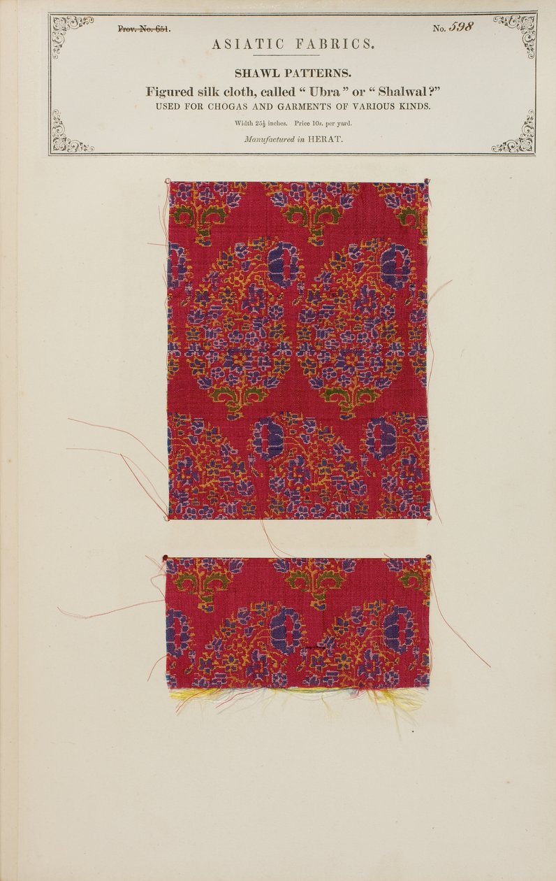 Figuret silkestoffprøve laget i Herat, fra The Collection of the Textile Manufacturers of India, av John Forbes Watson, utgitt i 1866 av Afghan School