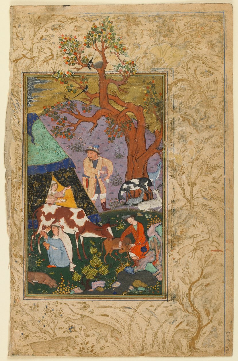 Folio fra en divan (samlede dikt) av Awhadi; verso: An Encampment, Herat, Afghanistan, 1615-16 (ugjennomsiktig akvarell, blekk og gull på papir) av Afghan School