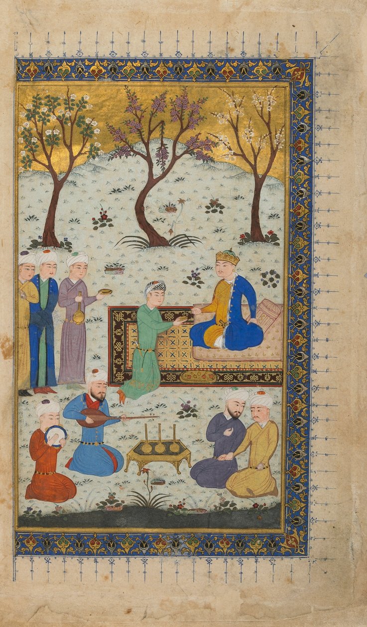 Folio fra en uidentifisert tekst; verso: A Prince Enthroned Surrounded by Attendants, Herat, Afghanistan, ca. 1425-30 (ugjennomsiktig akvarell, blekk og gull på papir) av Afghan School