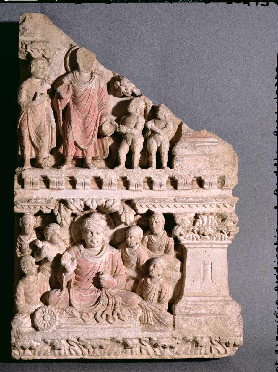 Scener fra Buddhas liv: Tilbud om en skål med støv og den første preken, gresk-buddhistisk stil, fra Hadda, 1.-4. århundre (kalkstein) av Afghan School