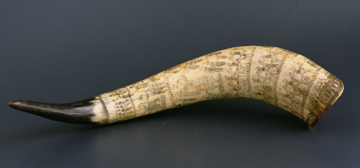 Kuhorn gravert med scener fra Anglo-Zulu-krigen, Nord-Nguni Sørøst-Afrika, ca. 1879 (kuhorn) av African