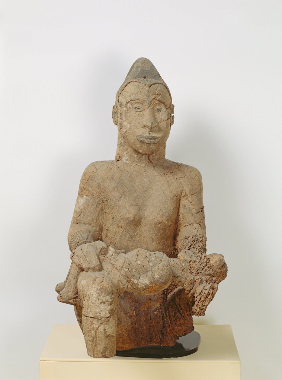 Ibo-statue av en kvinne med et barn (tre) av African