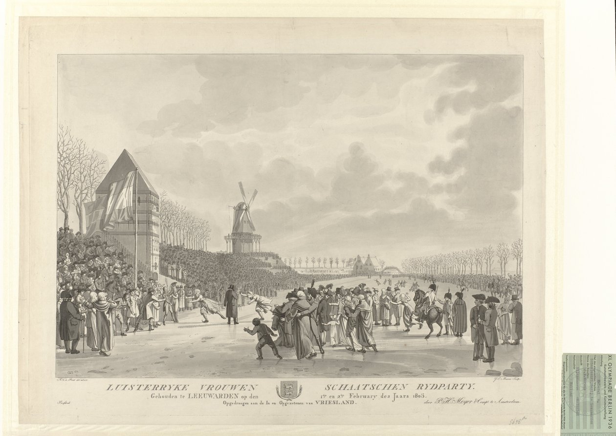 Konkurranse om korte skøyter i 1805 i Leeuwarden nær Vrouwenwaterpoort med en vindmølle utenfor. Vinner ble Trijntje Pieters Westra av After Aldert Jacobs van der Poort  