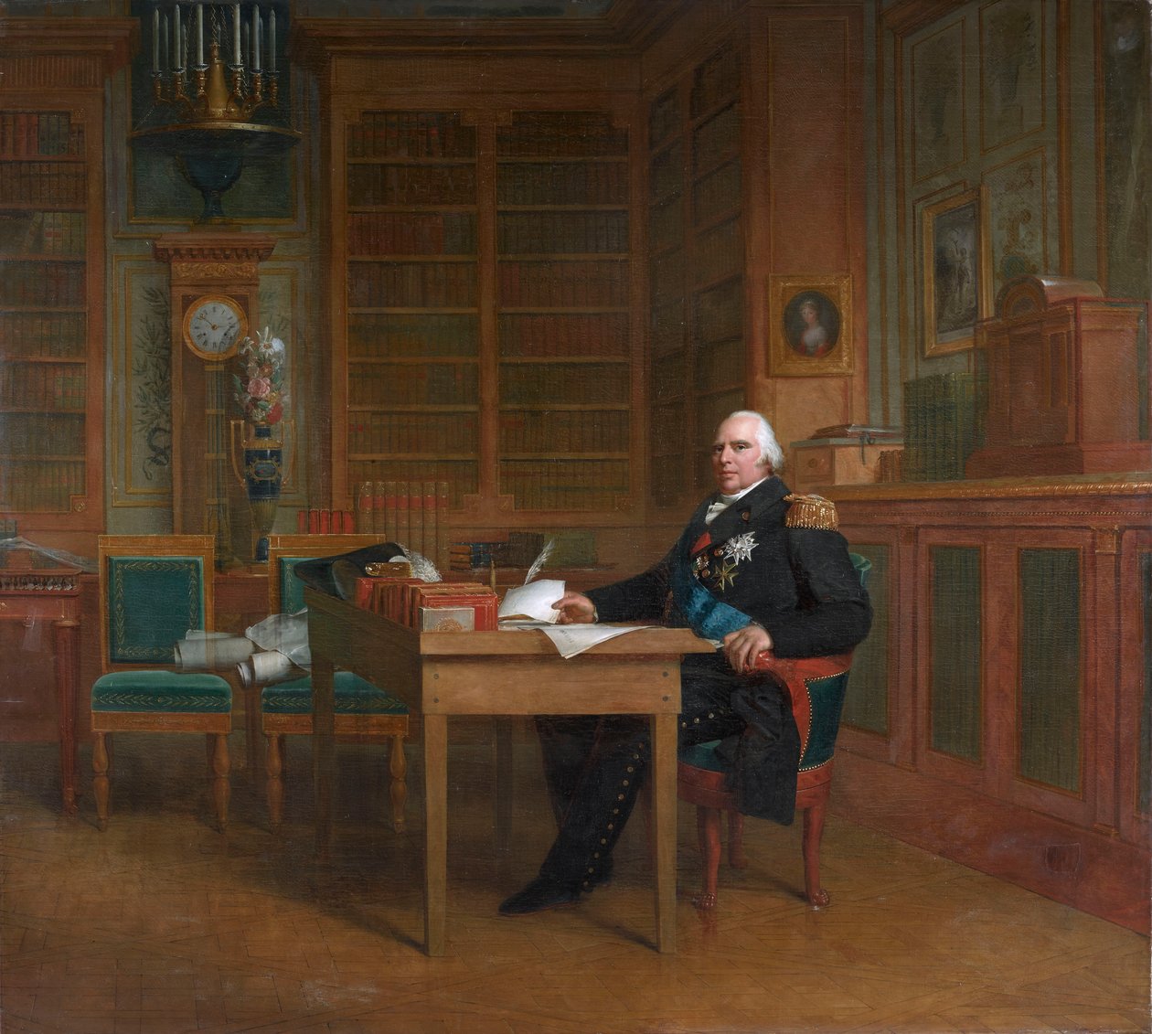 Kong Ludvig XVIII mediterer over charteret, sittende ved skrivebordet sitt i Tuileries-palasset av After François Gérard
