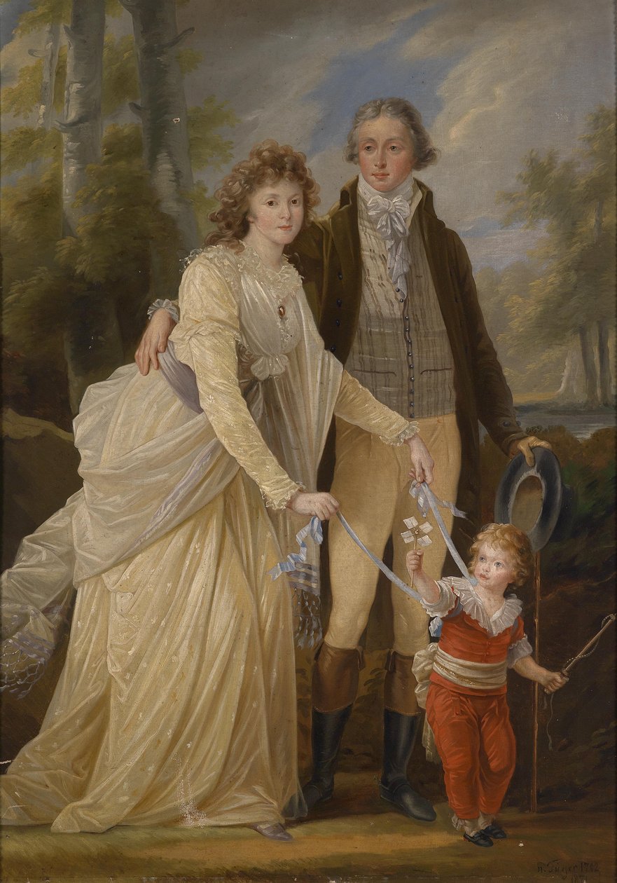Prins Karl von und zu Liechtenstein (1765-1795) med kona Maria Anna Josepha, grevinne von Khevenhüller-Metsch (1770-1849) og deres sønn Karl (1790-1865) av After Heinrich Füger