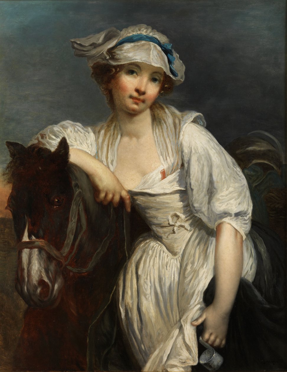 Ung jente lener seg på nakken til en hest av After Jean Baptiste Greuze