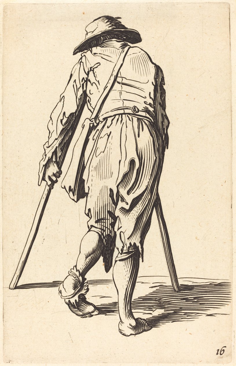 Tigger med krykker og hatt, sett bakfra av After Jacques Callot