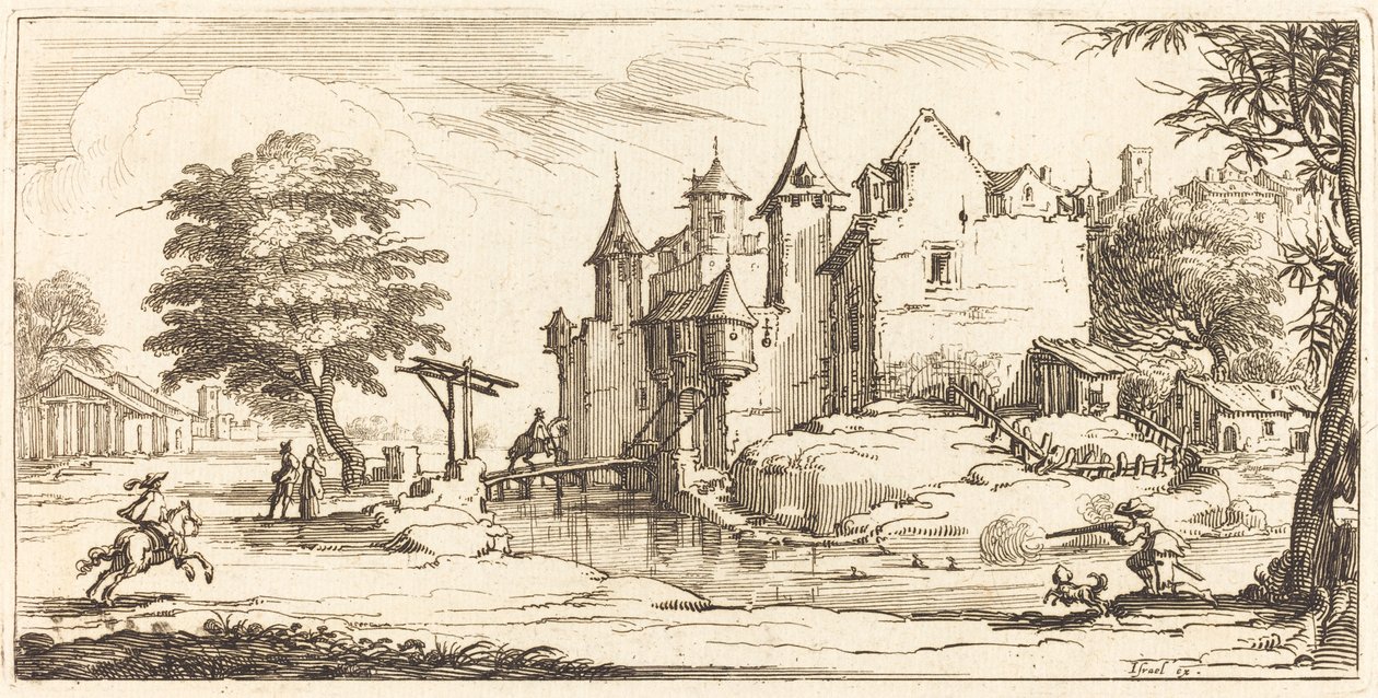 Chateau med en vindebro av After Jacques Callot