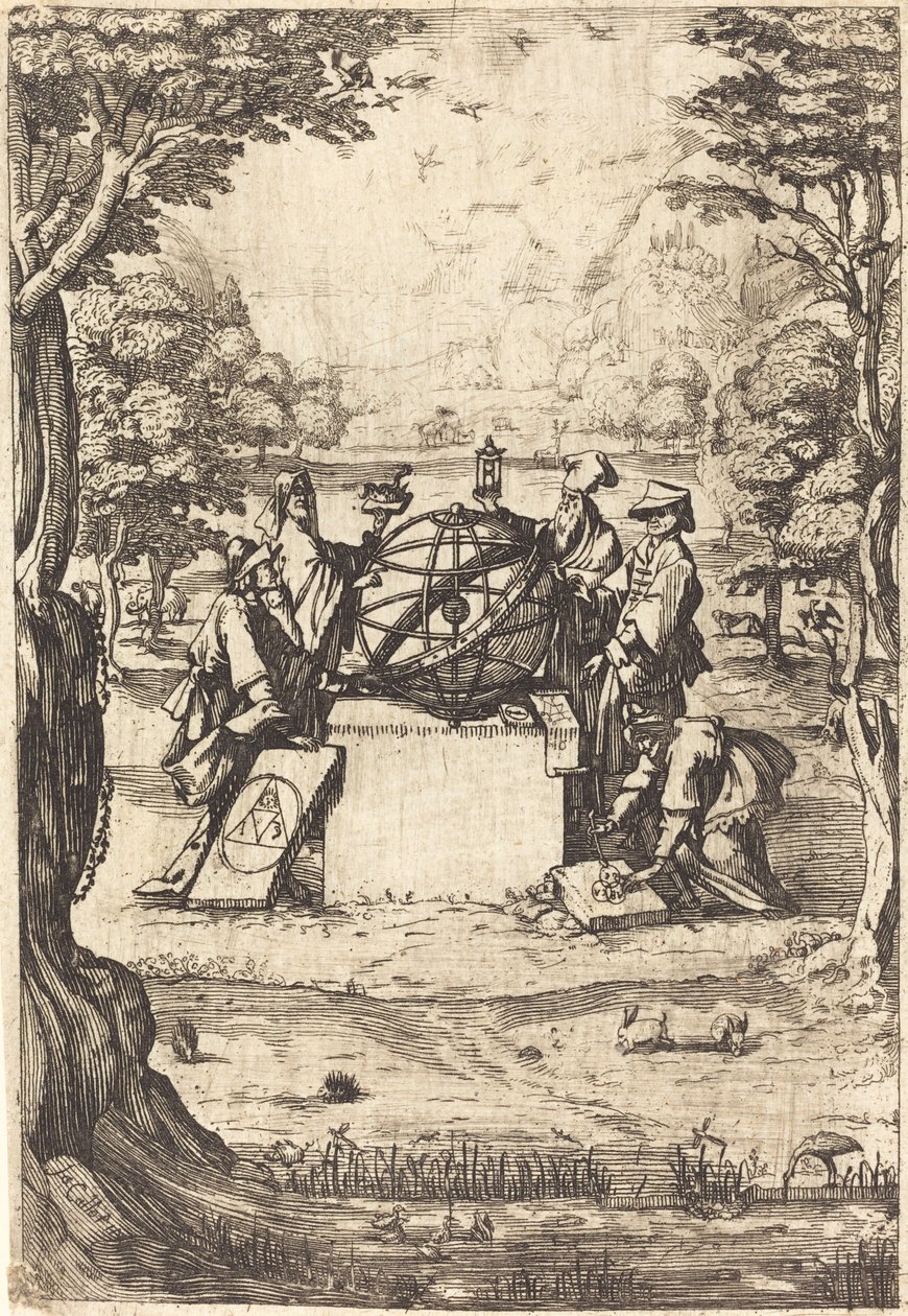 Frontispice for the Sacred Cosmologia (tittel med astrologer) av After Jacques Callot