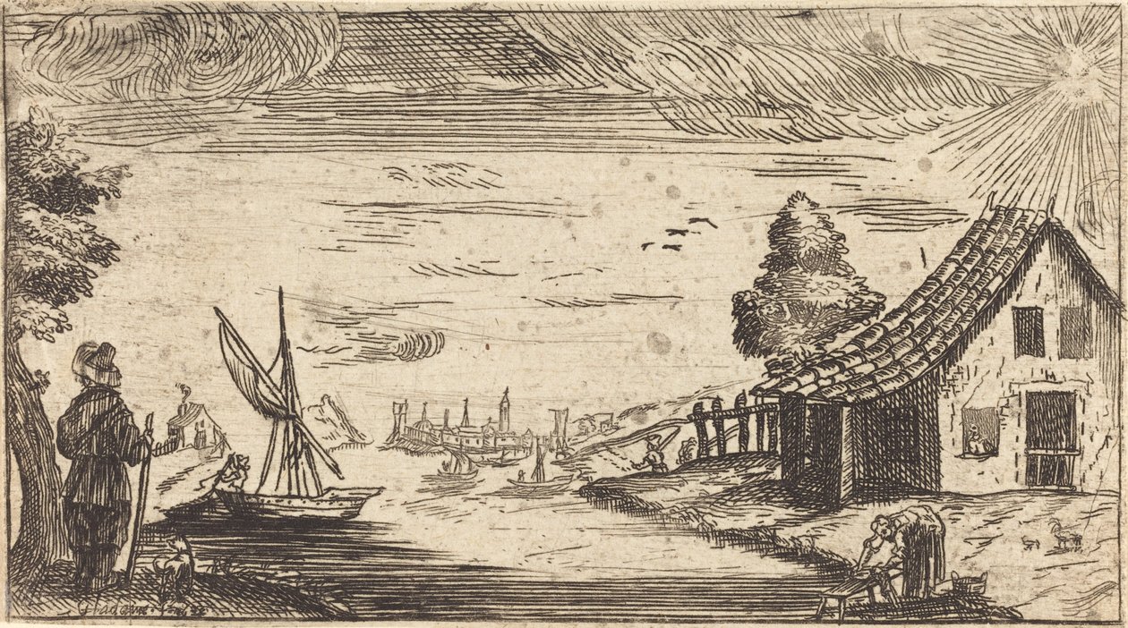 Landskap med figur og båt av After Jacques Callot