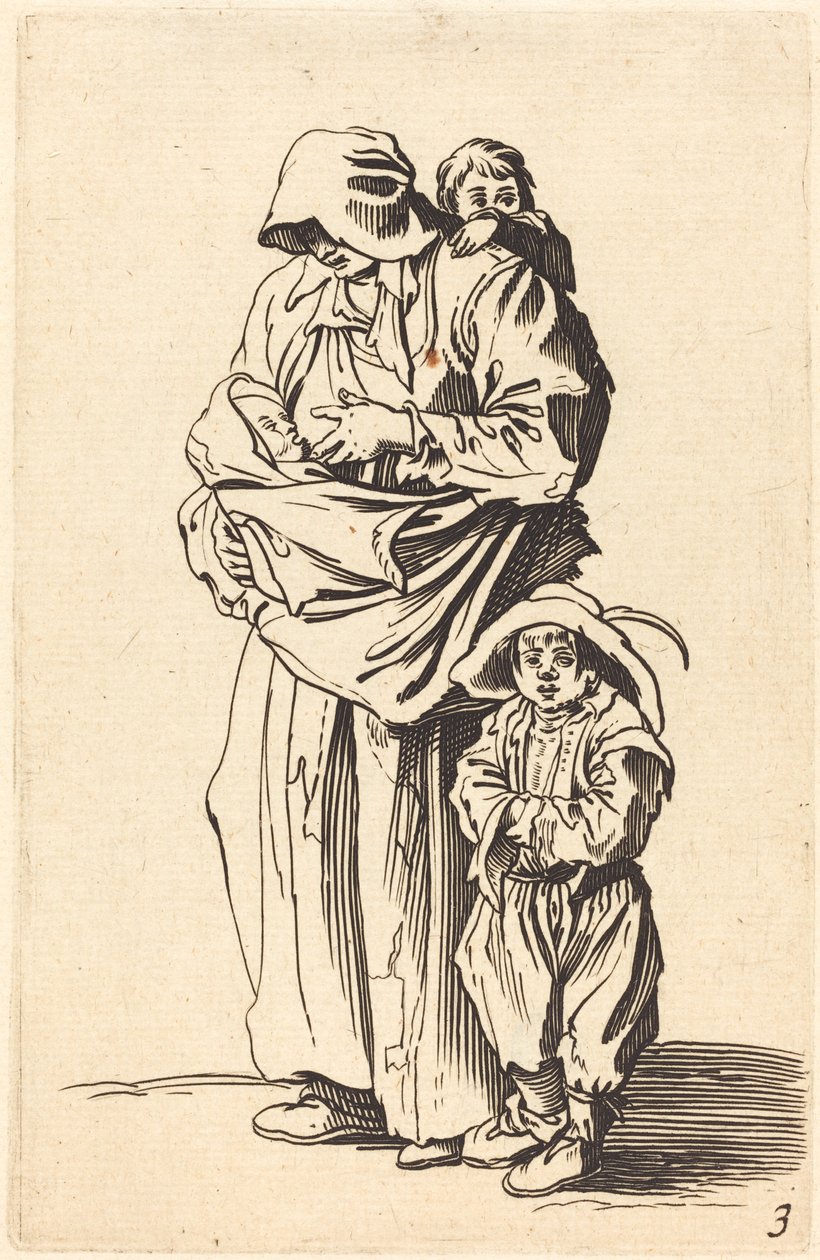 Mor og tre barn av After Jacques Callot