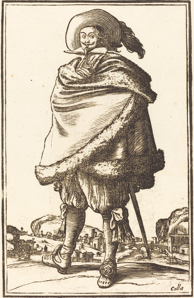 Edel mann pakket inn i en mantel trimmet med pels av After Jacques Callot