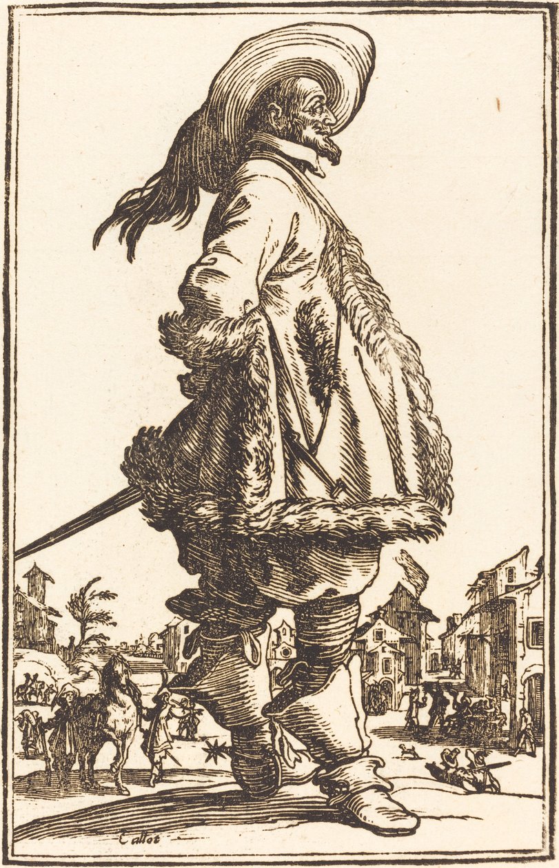 Edel mann med mantel trimmet i pels, holder hendene bak ryggen av After Jacques Callot