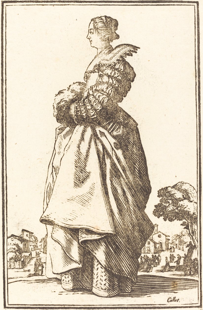 Edel kvinne i profil med hendene i en muff av After Jacques Callot