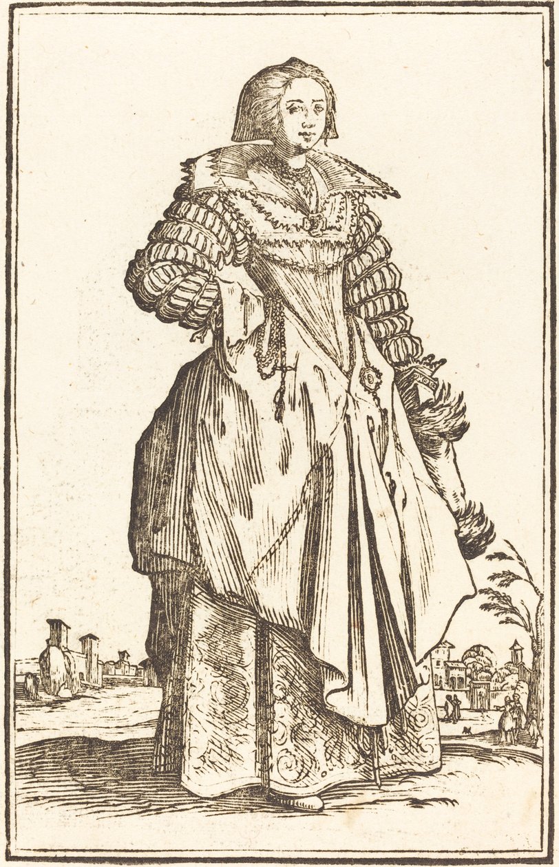 Edel kvinne med stor krage av After Jacques Callot