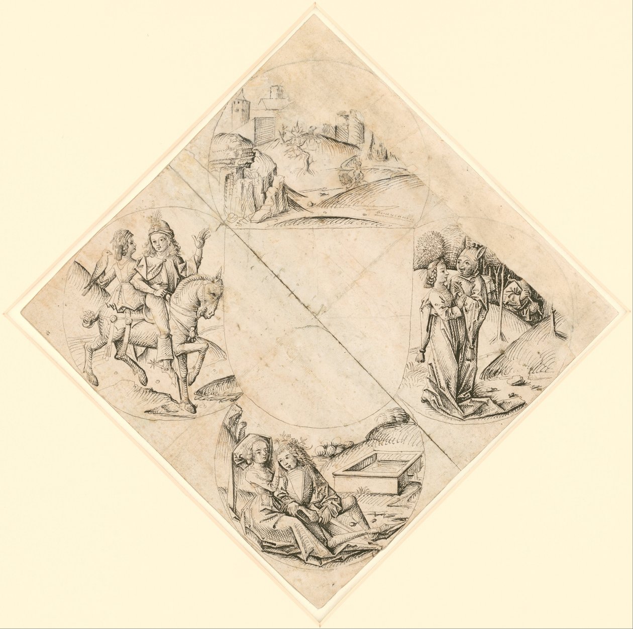 Design for en Quatrefoil med et slott, to elskere, en jomfru fristet av en dåre, et par som sitter ved et trau, og en ridder og hans elsker montert på en hest av After The Master of the Housebook