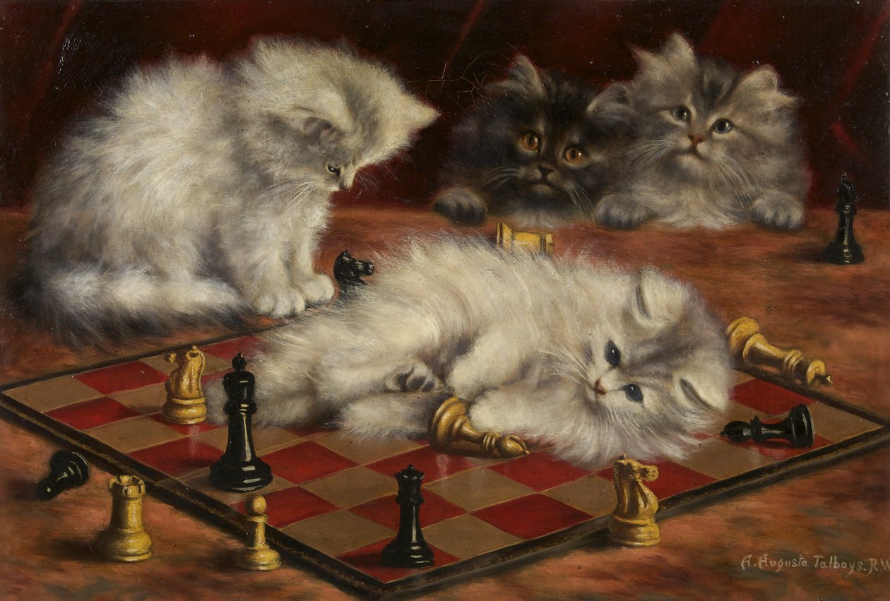 Katter med et sjakkbrett (olje på lerret) av Agnes Augusta Talboys