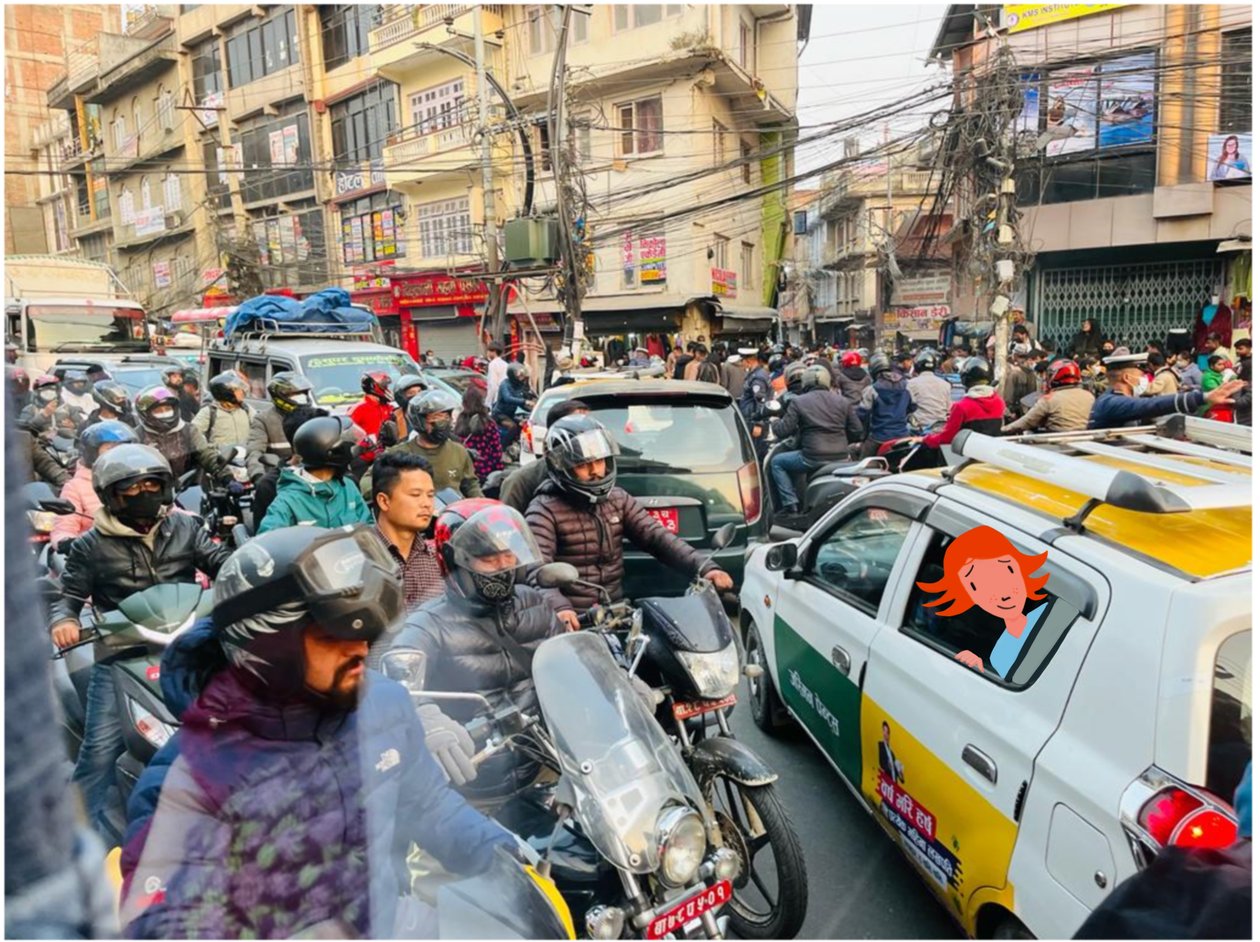 Trafikk i katmandu, 2023 (digital kunst på fotografi) av Agnes Girardon