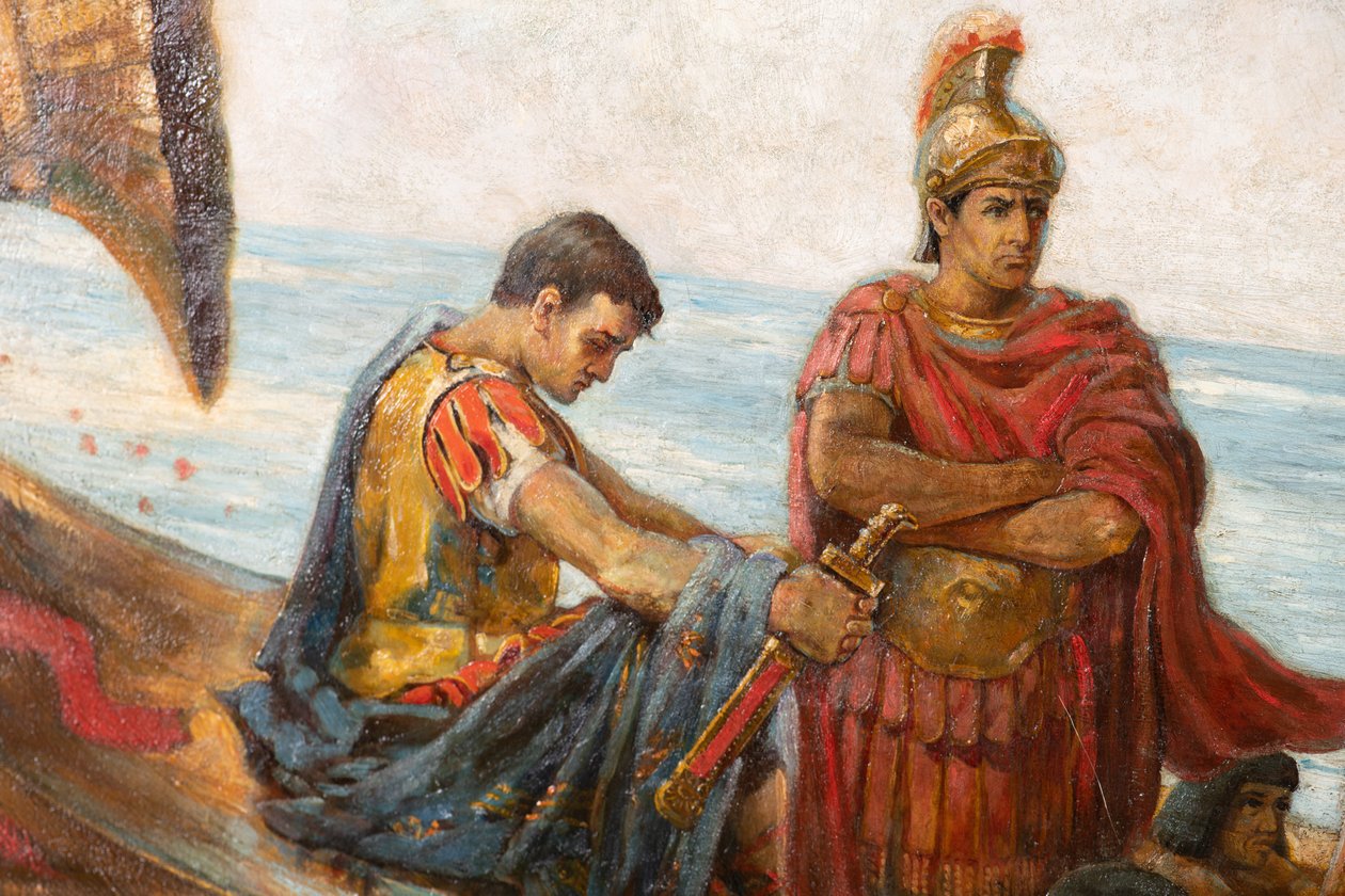 The Flight of Antony and Cleopatra fra slaget ved Actium, ca. 1897 (olje på lerret) av Agnes Pringle