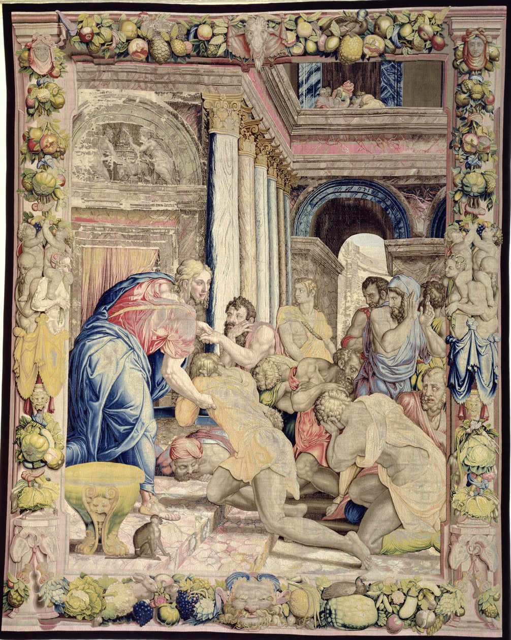 Joseph lar seg gjenkjenne av brødrene sine, fra Sala dei Dugento, 1546-53 (teppe) av Agnolo and Karcher, Nicholas Bronzino