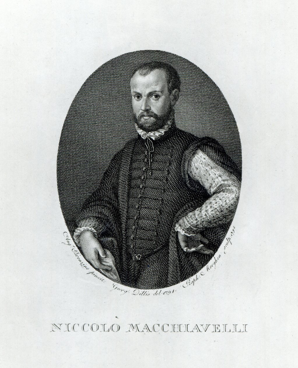 Portrett av Niccolo Machiavelli (1469-1527), gravert av Rafaello Morgan (1758-1833) i 1795 av Agnolo Bronzino
