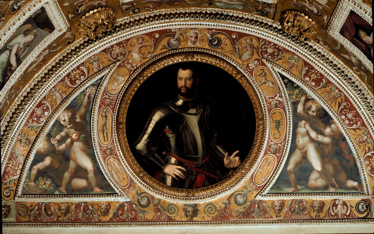 Portrett av Cosimo I de Medici, storhertug av Toscana og far til Francesco I (maleri på skifer av Agnolo (after) Bronzino