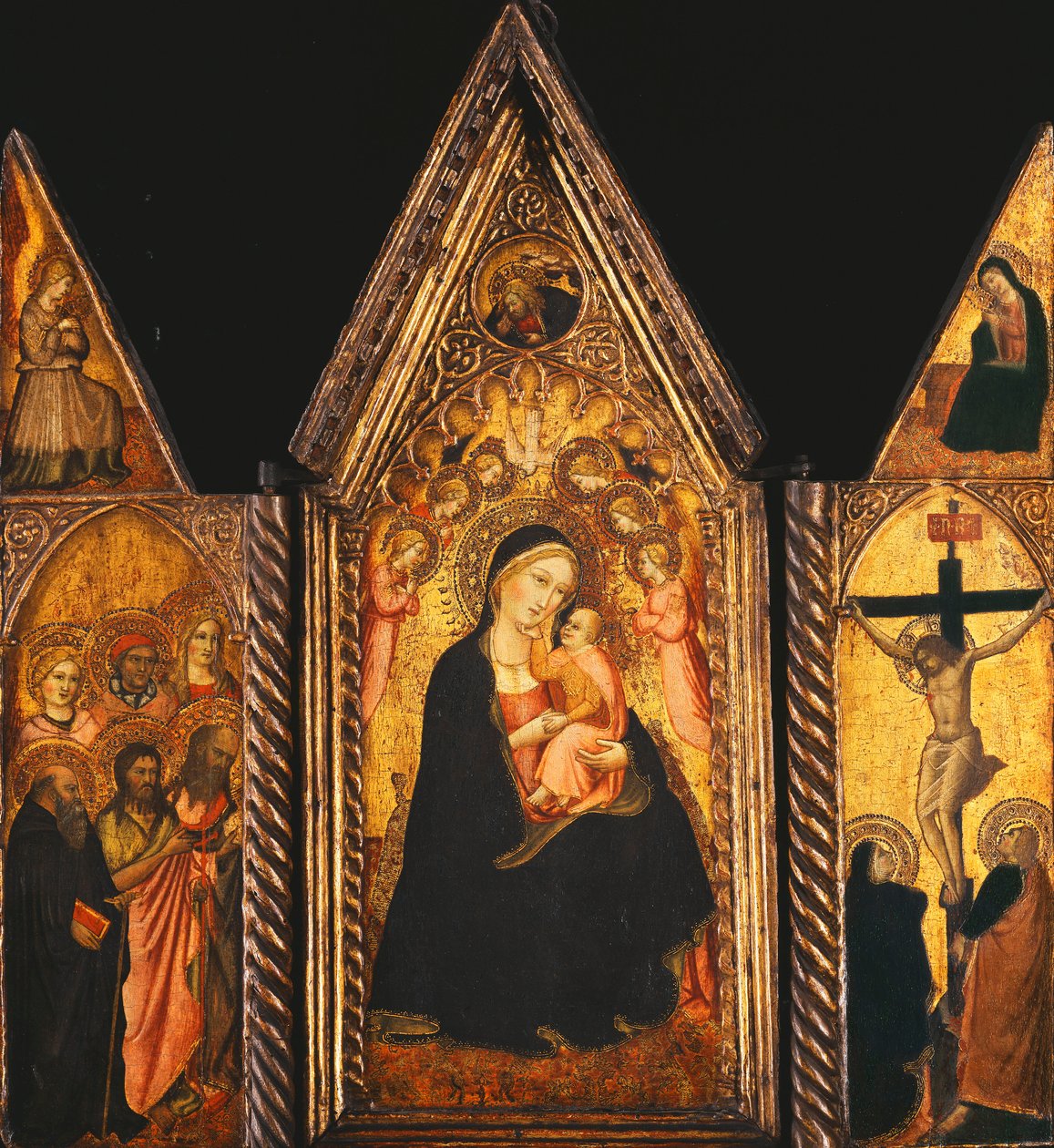 En bærbar triptyk med madonnaen og barnet tronet med engler, av Agnolo Gaddi