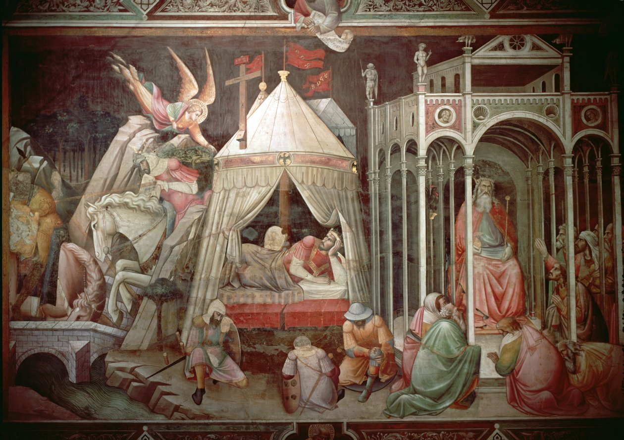 Cosroe bruker korsets kraft til å påkalle tilbedelsen fra sitt folk og Heraclius Dream og hans seier over Cosroe, ca. 1380 av Agnolo Gaddi