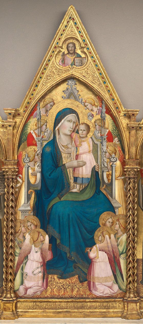 Madonna og barn på tronen med tolv engler, og med velsignelsen Kristus [midtpanel] av Agnolo Gaddi