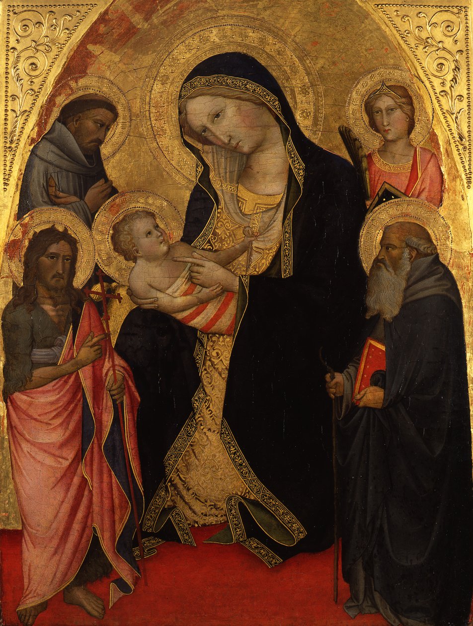 Maria med barnet og de hellige Johannes Døperen, Frans, Antonius abbed og en kvinnelig martyr av Agnolo Gaddi