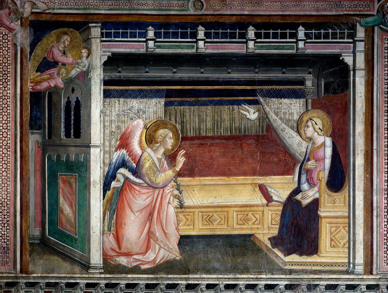 The Annunciation Fresco av Agnolo Gaddi (1350-1396) Prato fra 1300-tallet, Cathedrale, Cappella del Sacro Cingolo av Agnolo Gaddi