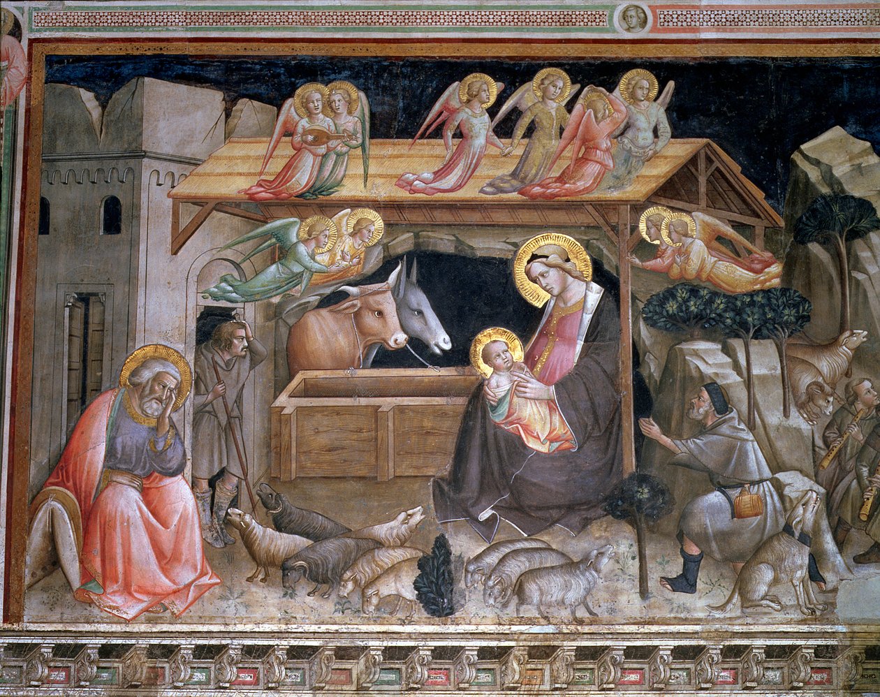 Fødselen, detalj fra The life of the Virgin and the Sacred Girdle, fra Cappella dell Sacra Cintola av Agnolo Gaddi