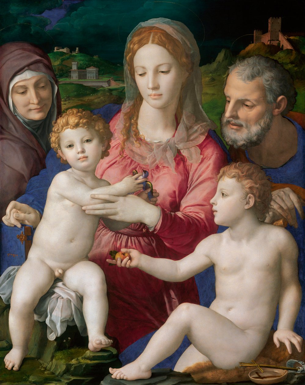 La Sainte Famille avec Sainte Anne et Saint Jean Baptiste - Den hellige familie med de hellige Anne og døperen Johannes - Maleri av Agnolo Bronzino (Allori Angelo di Cosimo dit Bronzino av Agnolo Bronzino