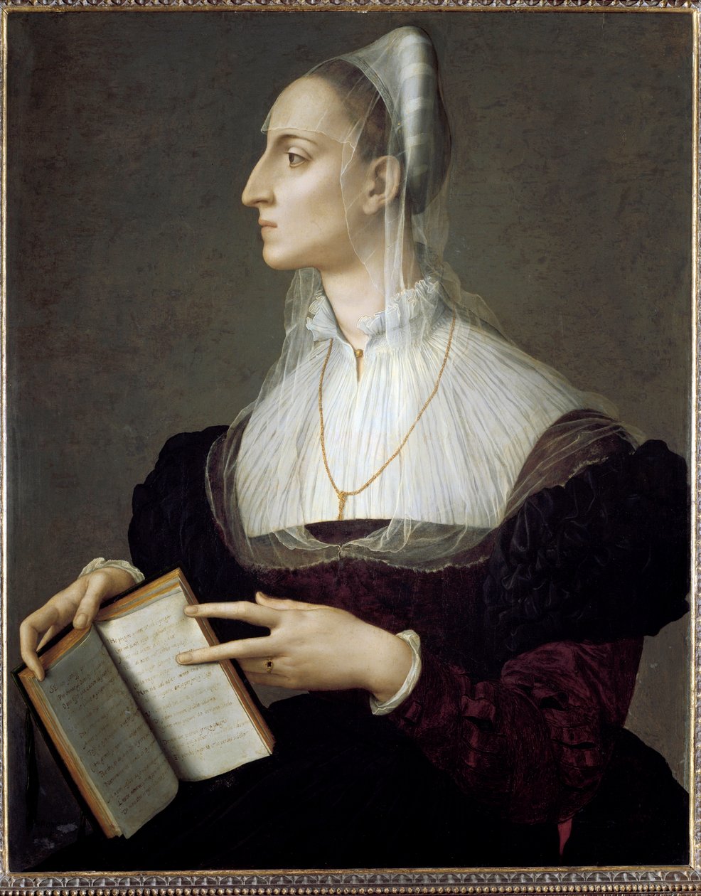 Portrett av den italienske poetinnen Laura Battiferri som leser sonettene til Petrarch (olje på panel av Agnolo Bronzino