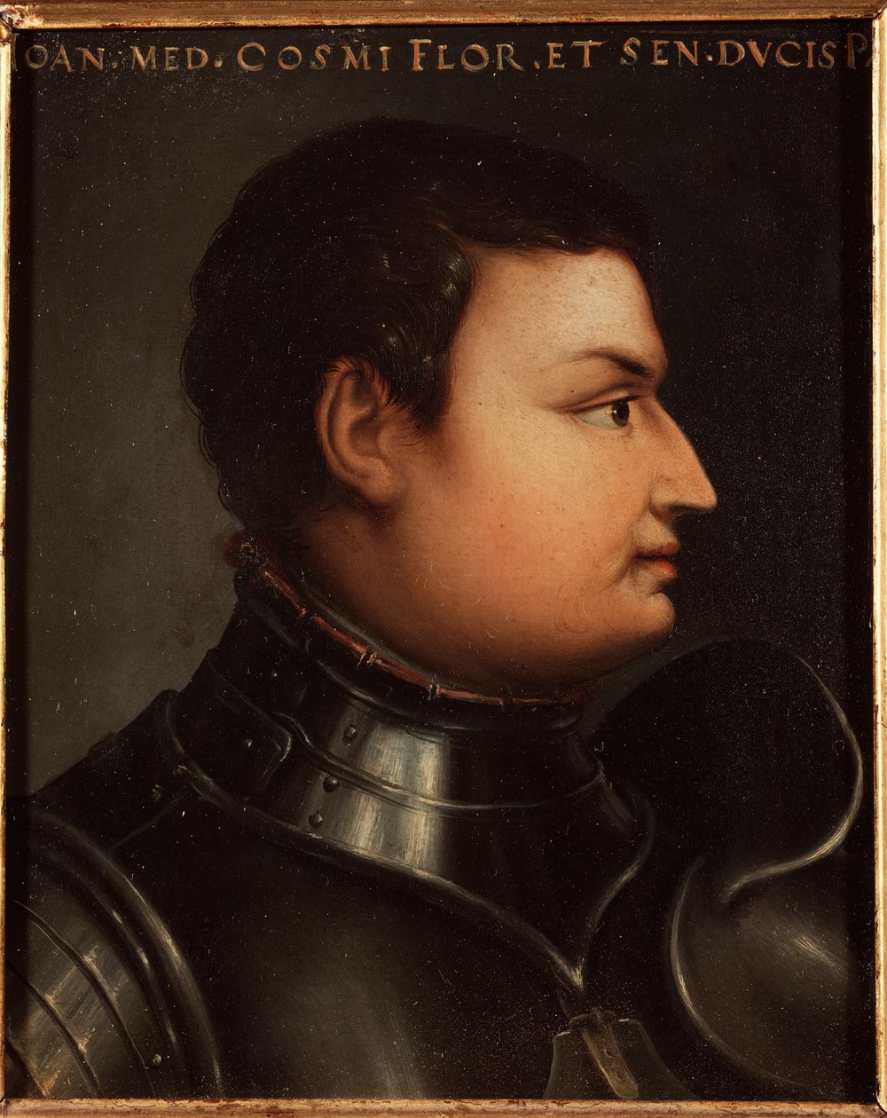 Portrett av Jean de Medici dit Jean des Bands Noires (Giovanni dalle Bande Nere) (1421-1463) condottiere (italiensk condottiero) Maleri av Allori Angelo di Cosimo dit Bronzino (1503-1572) 1500-tallet Sun 15x12 cm Palace Medici-Ric Card Riccardi) F. av Agnolo Bronzino