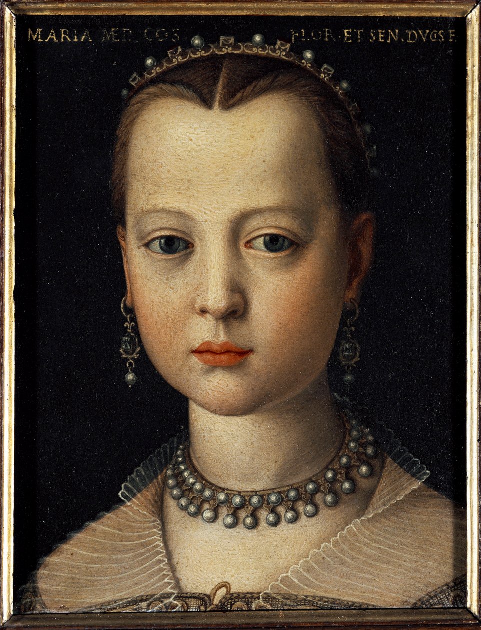 Portrett av Maria av Medici (1540-1557) datter av Cosimo I av Toscana (Cosimo I de Medici) (1519-1574) (Portrett av Maria de Medici datter av Cosimo I de Medici, storhertug av Toscana) Maleri av Bronzino (Agnolo) av Cosimo) (1503-1572) 1551 Dim 15x12 c av Agnolo Bronzino