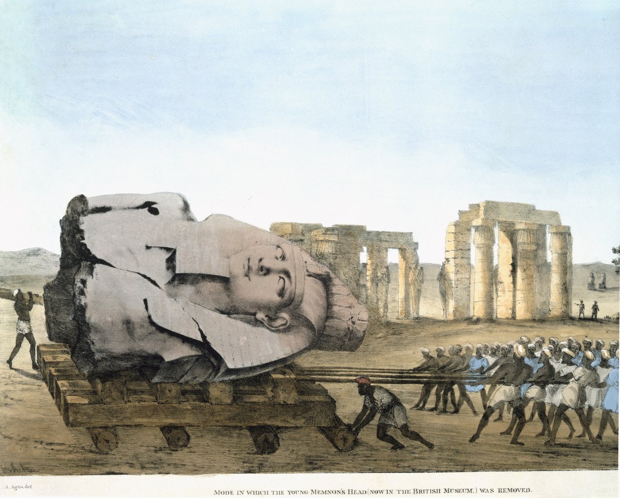 Modus der den unge memnons hode ble fjernet, danner plater som illustrerer undersøkelsene i Egypt og Nubia. Belzoni, Giovannie Battista. Aglio, Agostino (1777-1857) Publisert 1820-22 av Agostino Aglio
