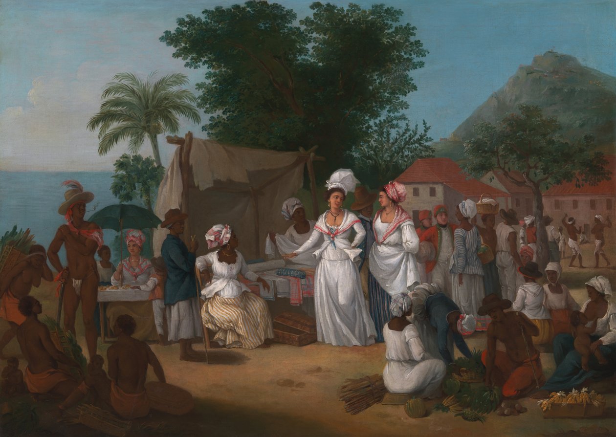 Et linmarked med linbod og grønnsaksselger i Vestindia av Agostino Brunias