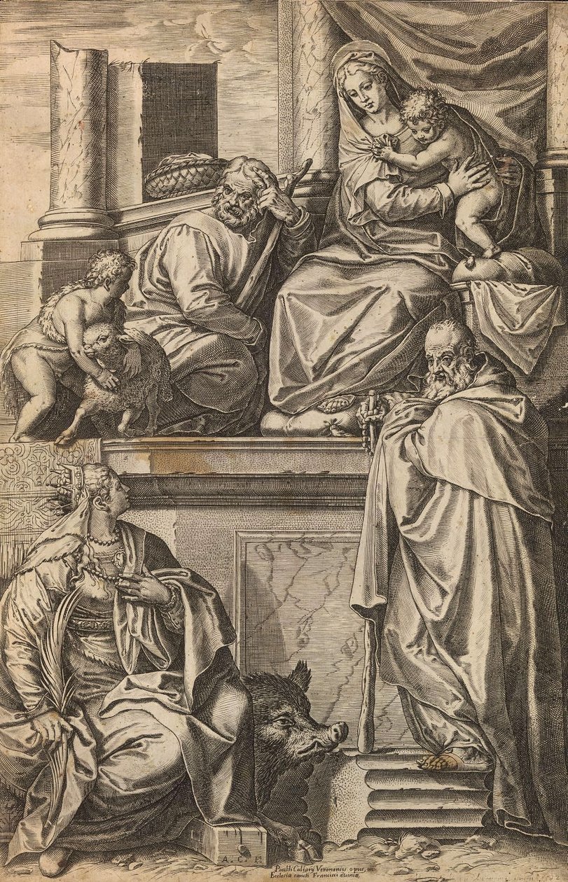 Hellig familie med døperen Johannes, St. Catherine og St. Anthony den store av Agostino Carracci