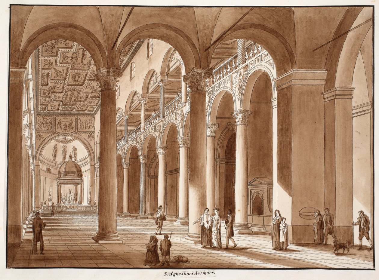 Basilica of Sant'Agnese fuori le Mura, 1833 (etsing med brun vask) av Agostino Tofanelli
