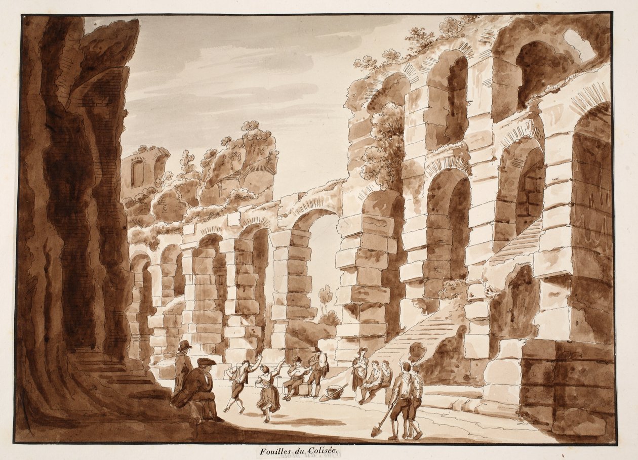 Utgravninger i Colosseum, 1883 (etsing med brun vask) av Agostino Tofanelli