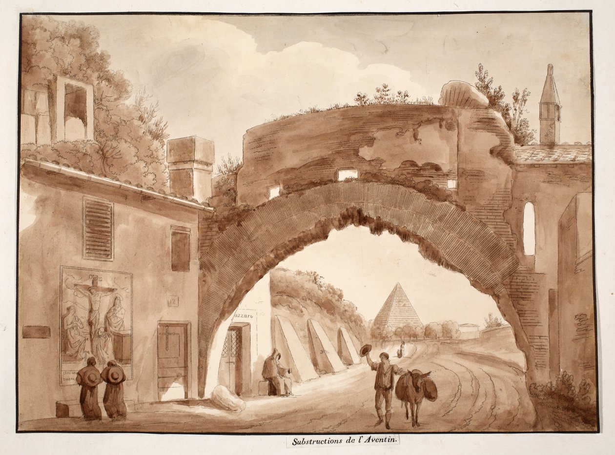 Foundations of the Aventine, 1833 (etsing med brun vask) av Agostino Tofanelli